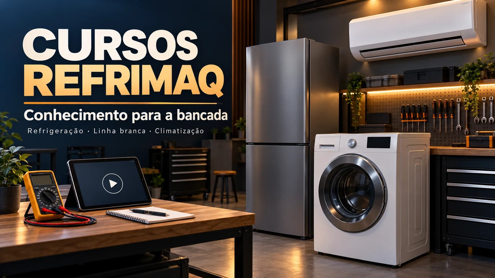 Cursos Refrimaq: ilustração de bancada de aprendizagem com tablet, multímetro, lavadora, refrigerador e ar-condicionado.