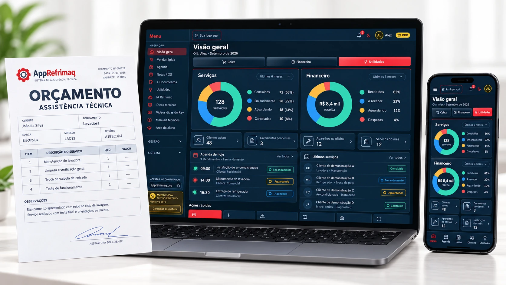 Representação do AppRefrimaq no notebook e no celular, com gráficos de gestão e um orçamento de assistência técnica ao lado.