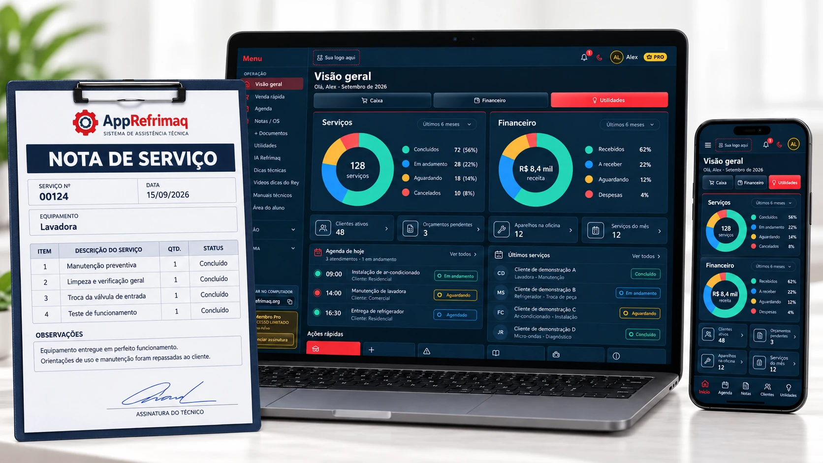 Representação do AppRefrimaq no notebook e no celular, com gráficos de gestão e uma nota de serviço de assistência técnica ao lado.