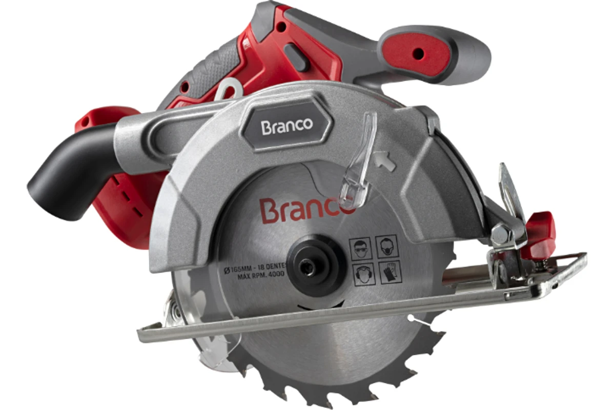 Serra circular BSD 20V com disco, proteção e base.