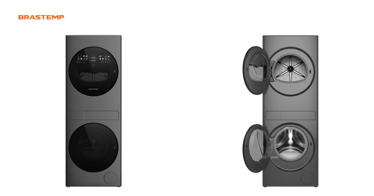 Fotografias oficiais do equipamento Brastemp BNT14AS B= Tower, com detalhe do logotipo oficial da marca.