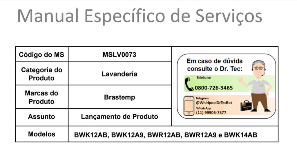 Manual técnico Brastemp BWK12 BWR12 BWK14 para baixar em pdf