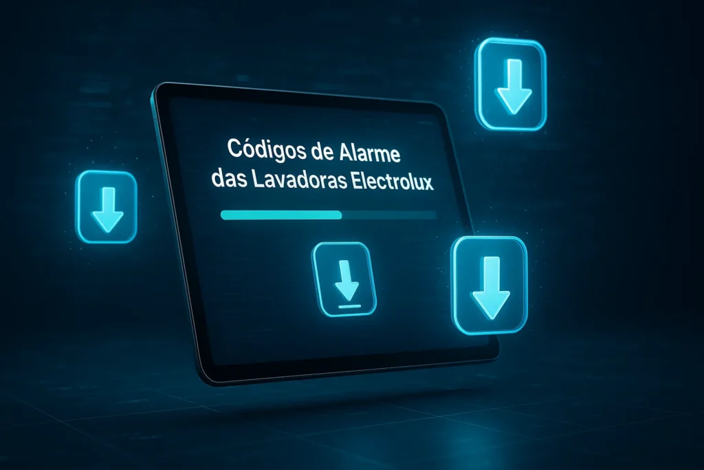 Códigos Alarme Monitor Auto Teste Lavadoras Electrolux: 47 Erros Decodificados E Soluções Práticas 4 Tablet Flutuante Exibindo Download De Códigos De Alarme Das Lavadoras Electrolux Com Ícones Digitais Animados.