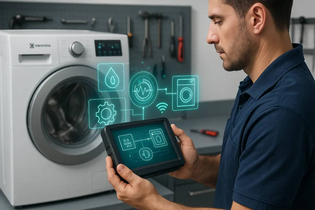 Códigos Alarme Monitor Auto Teste Lavadoras Electrolux: 47 Erros Decodificados E Soluções Práticas 7 Técnico Analisando Monitor De Auto-Teste Desconectado Da Lavadora Electrolux Com Gráficos Digitais Explicativos Flutuantes.