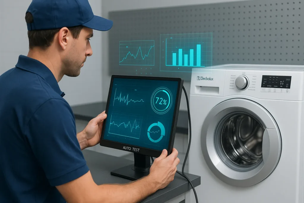 Códigos Alarme Monitor Auto Teste Lavadoras Electrolux: 47 Erros Decodificados E Soluções Práticas 2 Técnico Realizando Diagnóstico Com Monitor De Auto-Teste Conectado A Lavadora Electrolux, Gráficos Digitais Flutuantes Em Tempo Real.