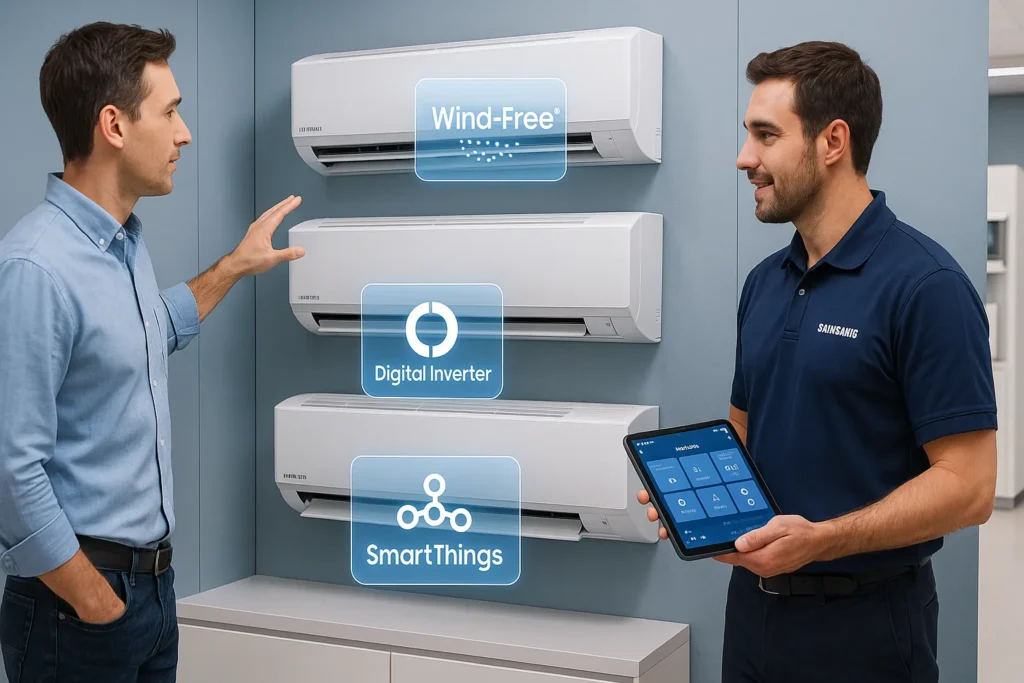 Como Ser Autorizada Samsung De Ar-Condicionado: 12 Passos Definitivos Para O Credenciamento 8 Exposição De Ar-Condicionados Samsung Com Etiquetas Destacando Tecnologias Wind-Free, Digital Inverter E Smartthings Em Showroom Moderno.