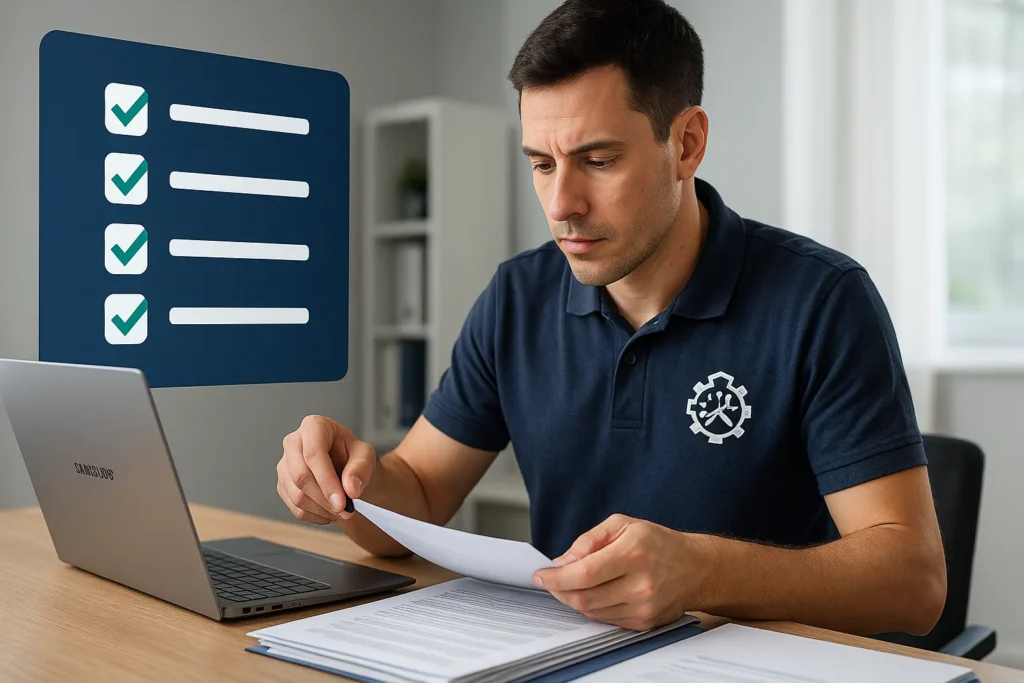 Como Ser Autorizada Samsung De Ar-Condicionado: 12 Passos Definitivos Para O Credenciamento 3 Técnico Revisando Documentos Com Checklist Digital Ao Lado Em Home Office Organizado