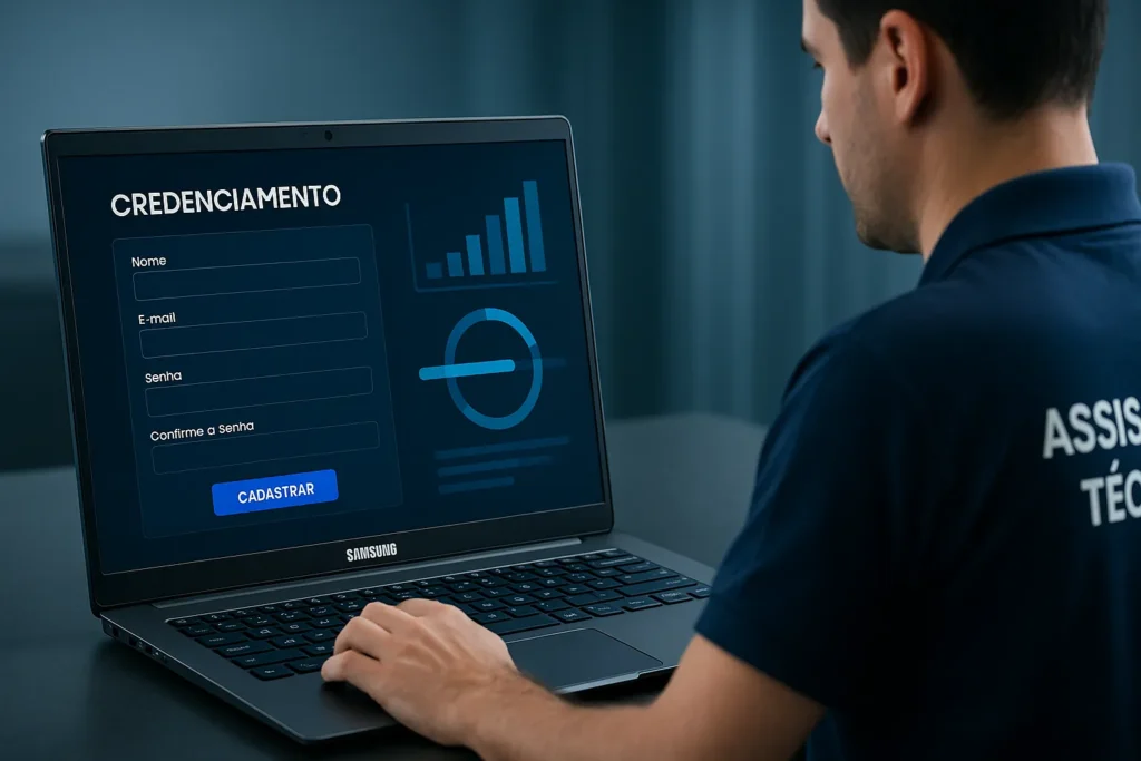Como Ser Autorizada Samsung De Ar-Condicionado: 12 Passos Definitivos Para O Credenciamento 5 Técnico Digitando No Site Fictício De Credenciamento Samsung Em Notebook Com Gráficos Digitais Flutuantes