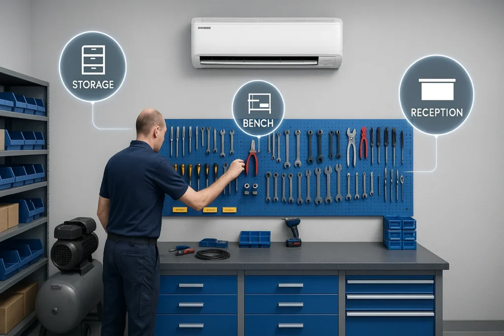 Como Ser Autorizada Samsung De Ar-Condicionado: 12 Passos Definitivos Para O Credenciamento 6 Oficina Técnica Organizada Com Ar-Condicionado Samsung E Setores De Bancada, Estoque E Recepção Destacados