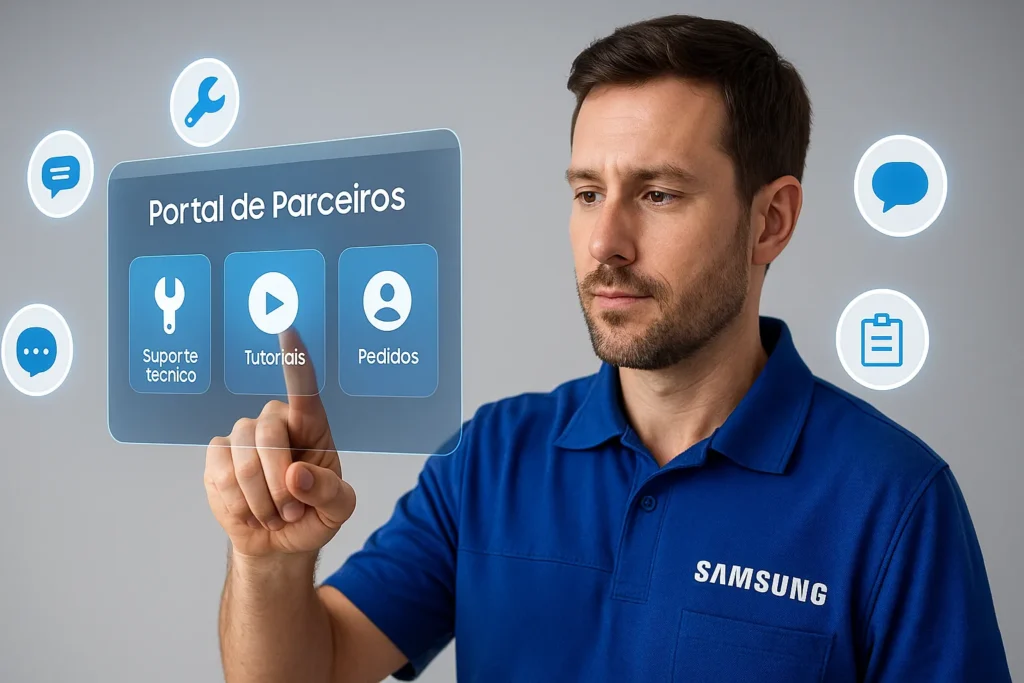 Como Ser Autorizada Samsung De Ar-Condicionado: 12 Passos Definitivos Para O Credenciamento 9 Técnico Interagindo Com Painel Flutuante Do Portal De Parceiros Samsung Com Ícones Digitais Ao Redor