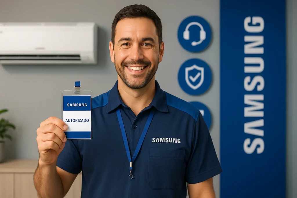 Como Ser Autorizada Samsung De Ar-Condicionado: 12 Passos Definitivos Para O Credenciamento 2 Técnico Autorizado Samsung Segurando Crachá Ao Lado De Ar-Condicionado Em Sala De Atendimento Moderno