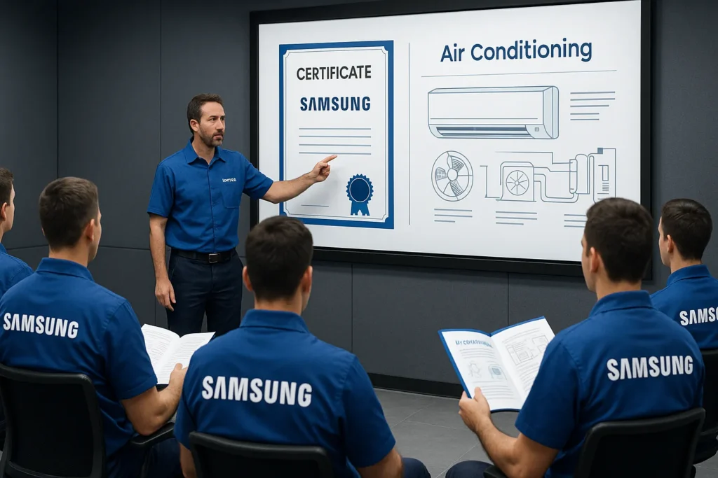 Como Ser Autorizada Samsung De Ar-Condicionado: 12 Passos Definitivos Para O Credenciamento 7 Técnicos Uniformizados Participando De Treinamento Com Certificado Samsung Em Tela Digital