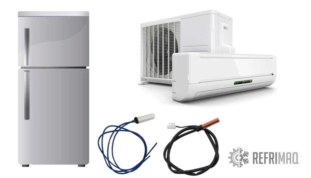 Técnico verificando o sensor de temperatura de um ar-condicionado com um multímetro, destacando o processo de diagnóstico e identificação de defeitos.