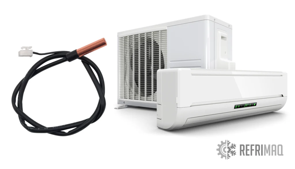 Imagem ilustrando o diagnóstico de um sensor de temperatura em um ar-condicionado, mostrando ferramentas e componentes usados para identificar possíveis defeitos."