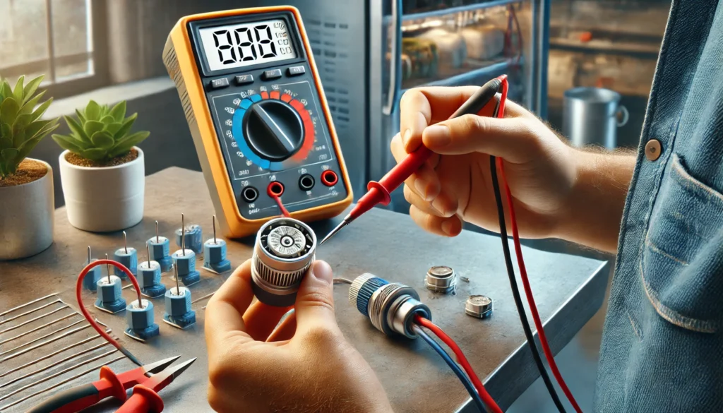 Imagem realista de um técnico utilizando um multímetro para testar o sensor de temperatura em um ar-condicionado ou refrigerador, destacando o processo de diagnóstico.