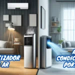 Imagem comparativa mostrando um ar-condicionado portátil próximo a uma janela com tubo de exaustão e um climatizador de ar emitindo névoa de seu reservatório em uma sala moderna.