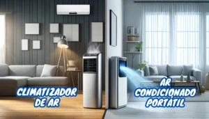 Imagem comparativa mostrando um ar-condicionado portátil próximo a uma janela com tubo de exaustão e um climatizador de ar emitindo névoa de seu reservatório em uma sala moderna.