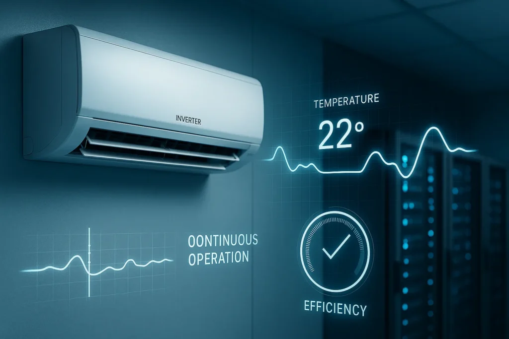 Ar Condicionado Inverter: 15 Mitos E Verdades Que Podem Economizar Milhares De Reais 6 Ar-Condicionado Inverter Operando Em Sala De Servidores Com Gráficos Digitais Flutuantes De Controle De Temperatura E Eficiência Contínua.