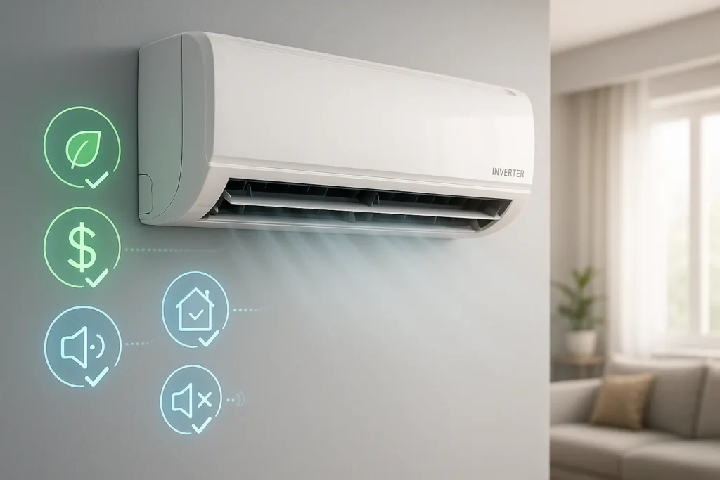 Ar Condicionado Inverter: 15 Mitos E Verdades Que Podem Economizar Milhares De Reais 4 Ar-Condicionado Inverter Em Funcionamento Com Ícones Digitais De Economia, Conforto, Baixo Ruído E Eficiência Energética.