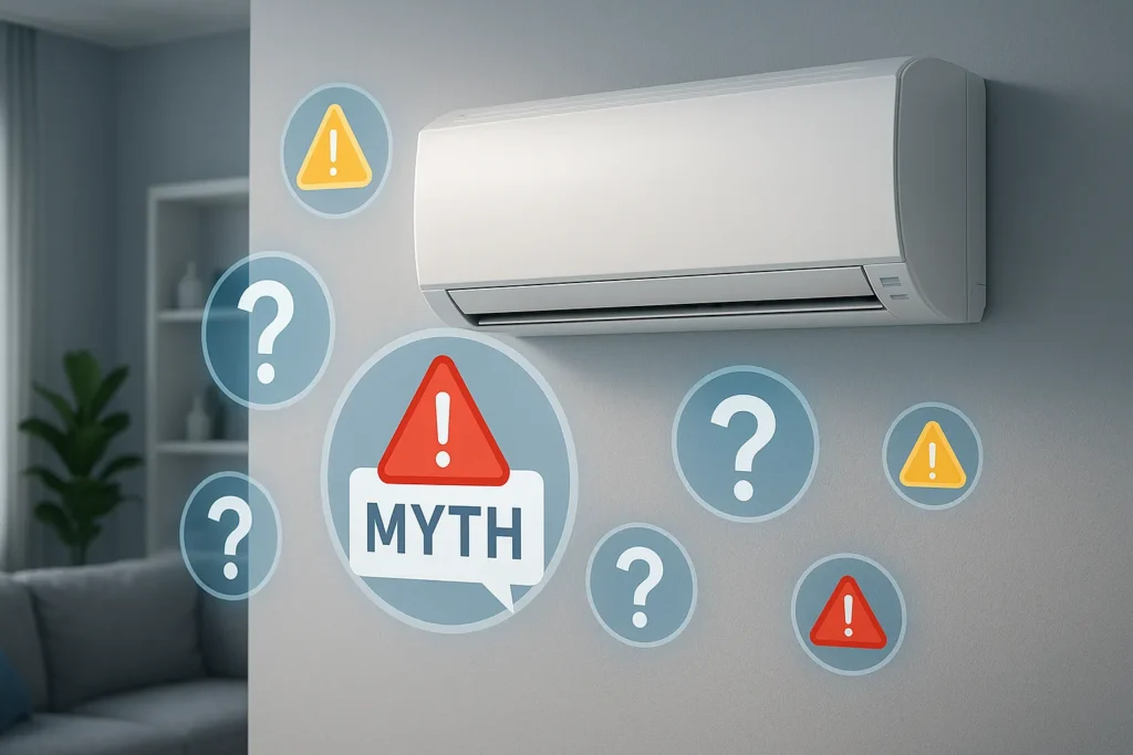 Ar Condicionado Inverter: 15 Mitos E Verdades Que Podem Economizar Milhares De Reais 2 Ar-Condicionado Inverter Em Sala Moderna Cercado Por Ícones Digitais De Mitos E Interrogações.