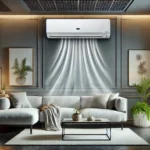 Imagem realista de um ar-condicionado split inverter em funcionamento em uma sala moderna com design minimalista, destacando fluxo de ar suave e eficiência energética."