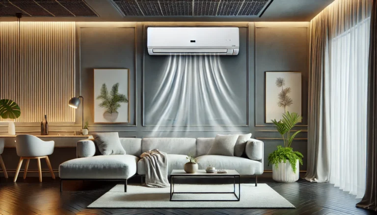 Imagem realista de um ar-condicionado split inverter em funcionamento em uma sala moderna com design minimalista, destacando fluxo de ar suave e eficiência energética."