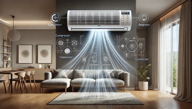 Imagem Realista De Um Ar-Condicionado Split Em Operação Em Uma Sala Moderna, Destacando Fluxo De Ar E Componentes Como Compressor E Evaporador.