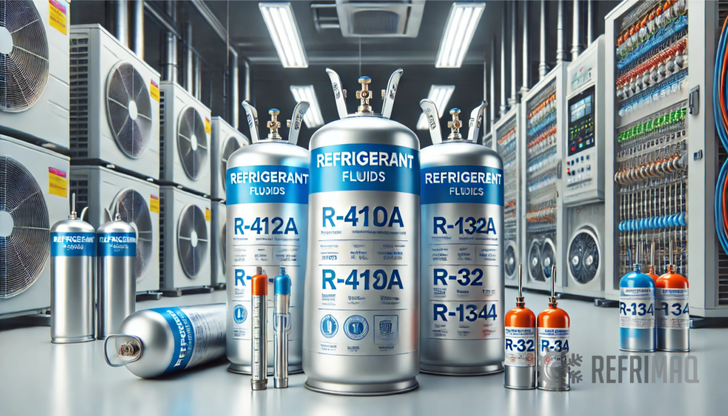 Imagem realista de cilindros de fluido refrigerante usados em ar-condicionado, incluindo modelos como R-410A e R-32, em um ambiente técnico.