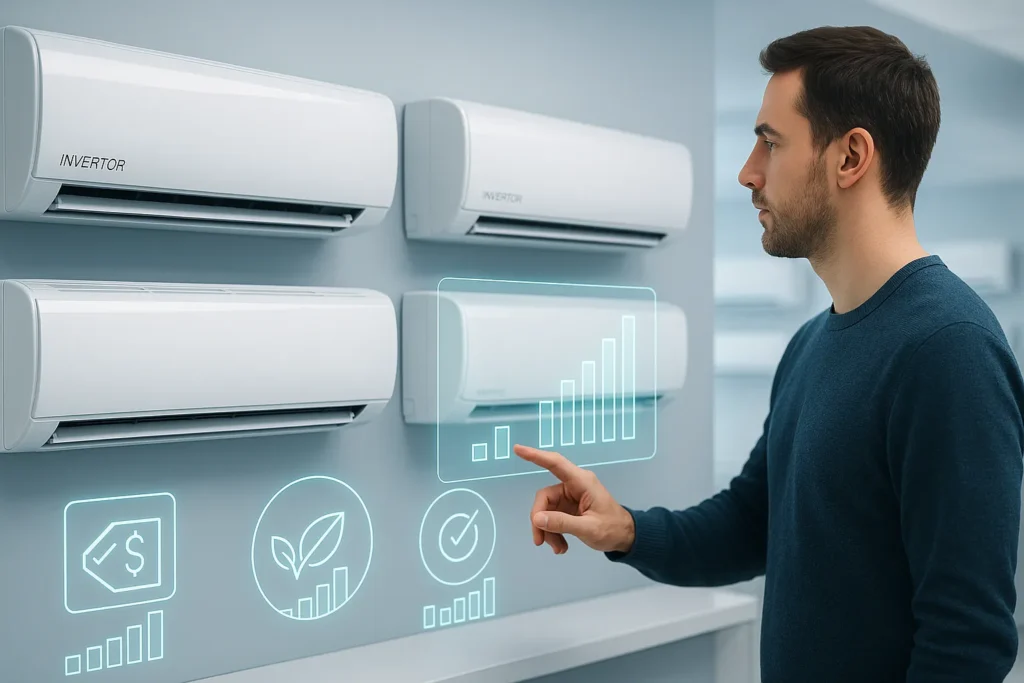 Ar Condicionado Inverter: 15 Mitos E Verdades Que Podem Economizar Milhares De Reais 7 Consumidor Analisando Modelos De Ar-Condicionado Inverter Em Vitrine Digital Com Gráficos De Comparação.