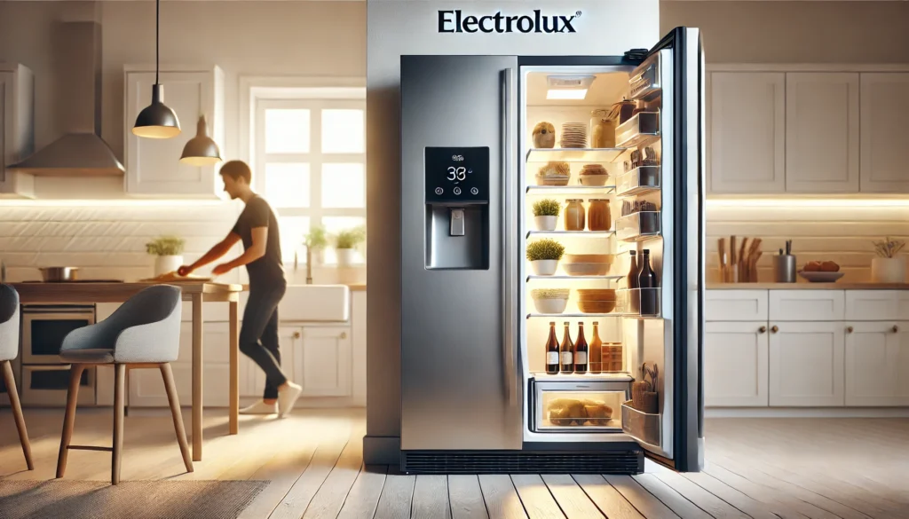 Pessoa organizando alimentos em uma geladeira Electrolux nova, destacando boas práticas para garantir o melhor desempenho do aparelho