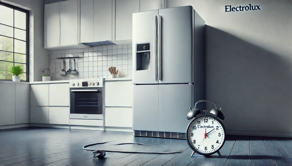 Quanto Tempo Posso Ligar a Geladeira nova Electrolux nova em uma cozinha moderna com um relógio ao lado, representando o tempo de espera antes de ligá-la após a instalação.