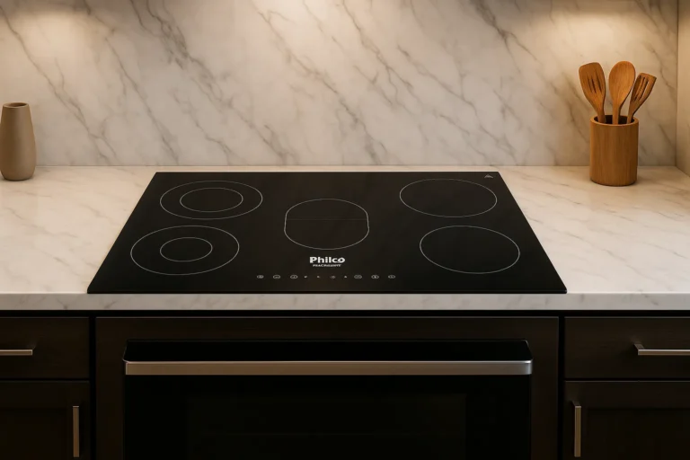 Fogão Elétrico: Guia Completo Sobre Funcionamento, Tipos E Manutenção Técnica 1 Vista De Cooktop Philco De Indução Embutido Em Bancada E Backsplash De Mármore Branco Com Veios Cinza, Cercado Por Armários Em Madeira Escura Iluminados Por Luz Suave Sob Armários Superiores.