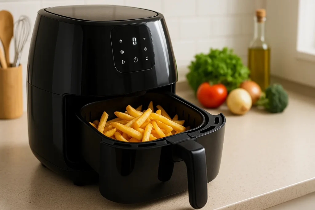 Air Fryer Preta Com Gaveta Aberta Fritando Batatas, Em Cozinha Iluminada Com Vegetais Frescos Ao Fundo