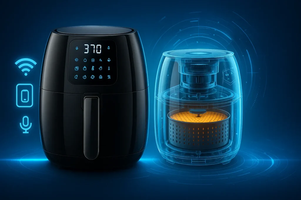Air Fryer: Guia Completo Com Os 7 Melhores Modelos E 5 Defeitos Mais Comuns 9 Air Fryer Moderna Com Visor Touchscreen Ao Lado De Modelo Translúcido Com Tecnologia Interna Visível E Ícones De Conectividade Em Fundo Futurista Azul