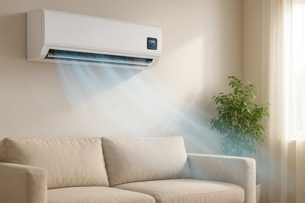 Ar-Condicionado Split Branco Exibindo “Cool” A 20 °C, Soprando Ar Frio Azul Sobre Sala Minimalista Com Sofá Bege E Planta Verde.