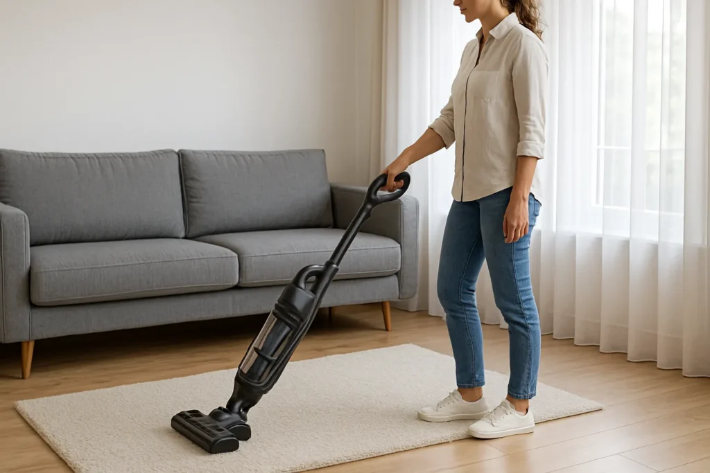 Aspirador De Pó Vertical Sendo Usado Em Sala Com Piso De Madeira Clara, Tapete De Pelos Curtos E Sofá Moderno Ao Fundo, Iluminado Por Luz Natural.