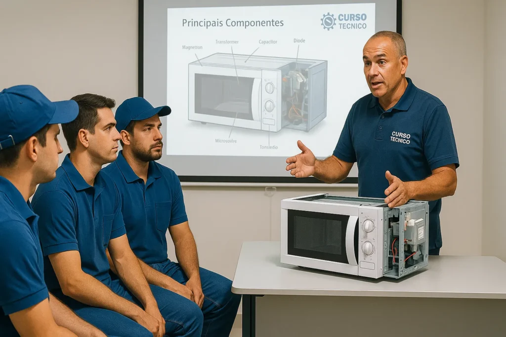 Microondas: 7 Melhores Modelos E Os 3 Defeitos Mais Comuns 13 Técnicos Em Treinamento Assistem Aula Prática Com Microondas Desmontado E Apresentação De Componentes Técnicos Em Tela.