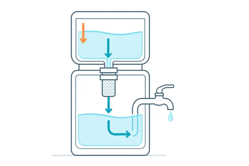 Ilustração Técnica Em Corte De Um Bebedouro Transparente, Destacando Reservatório, Sistema De Filtragem E Torneira Com Setas Coloridas Indicando O Fluxo De Água
