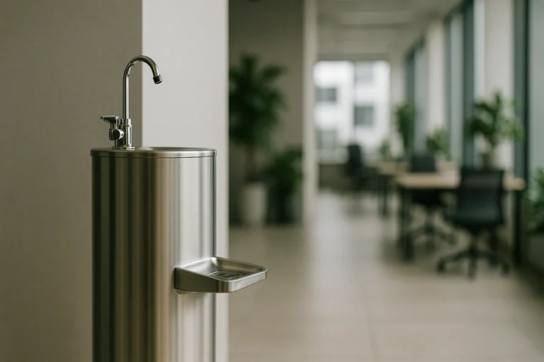 Foto Profissional 16 × 9 De Bebedouro De Coluna Em Aço Inox Escovado Em Hall De Escritório Minimalista Com Luz Natural Suave E Fundo Desfocado.