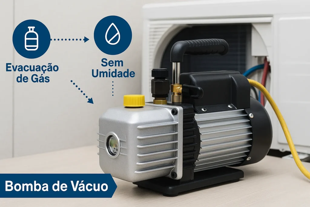 Consertar Ar Condicionado: 7 Técnicas Profissionais Para Ganhar Até R$ 5.000/Mês 3 Bomba De Vácuo Conectada A Um Ar-Condicionado Split Em Manutenção, Com Ícones Flutuantes “Evacuação De Gás”, “Sem Umidade” E “Etapa Essencial” Em Estilo Técnico-Educacional.
