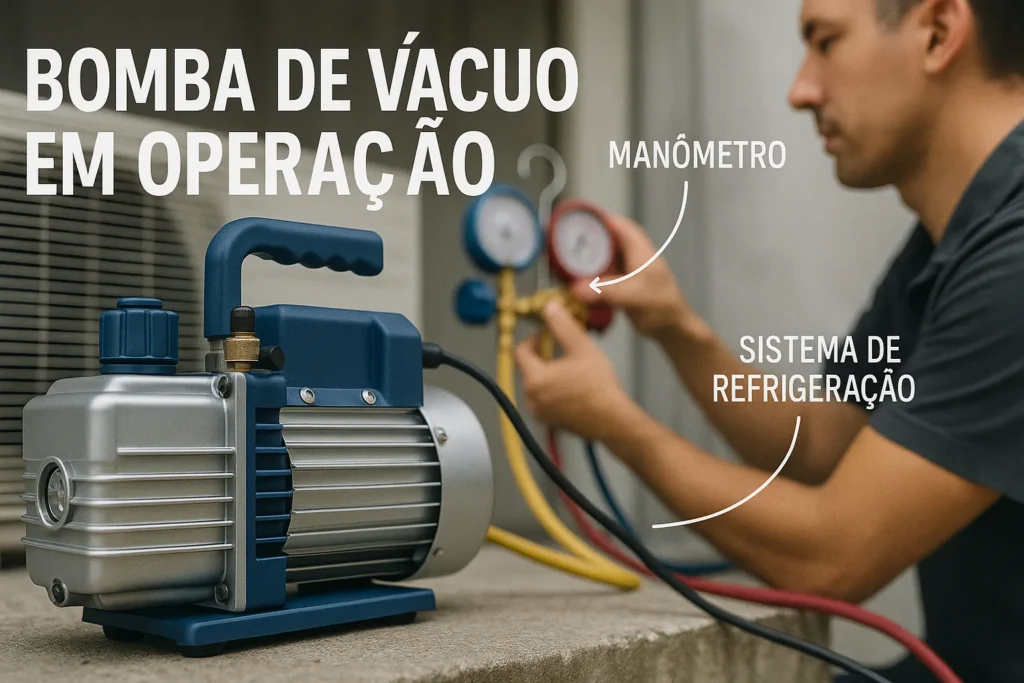 Consertar Eletrodomésticos: 7 Passos Para Começar E Faturar R$ 5.000+ Por Mês 8 Bomba De Vácuo Conectada A Sistema De Refrigeração, Com Técnico Ajustando Manômetro E Sobreposição De Textos Em Português
