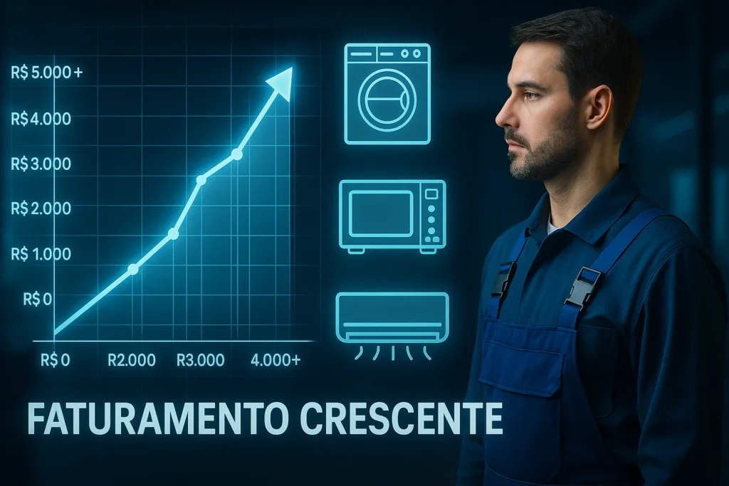 Consertar Eletrodomésticos: 7 Passos Para Começar E Faturar R$ 5.000+ Por Mês 16 Técnico Visualiza Holograma Com Gráfico De Faturamento Crescente E Ícones De Lavadora, Micro-Ondas E Ar-Condicionado.