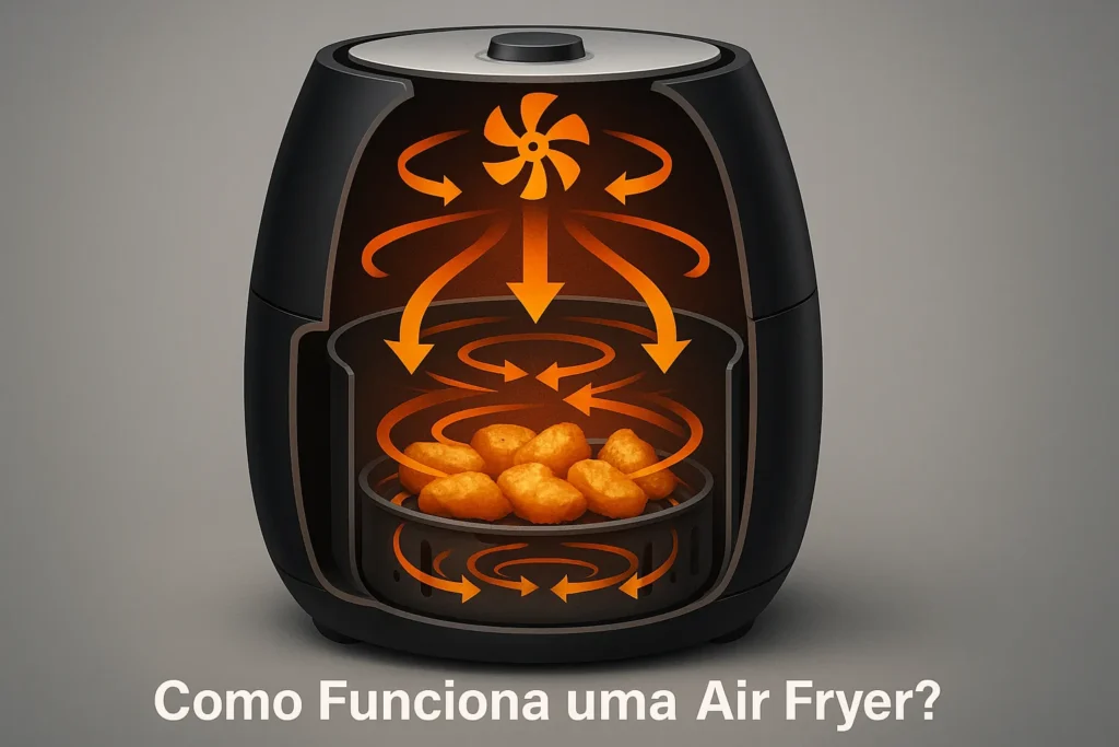Air Fryer: Guia Completo Com Os 7 Melhores Modelos E 5 Defeitos Mais Comuns 2 Corte Lateral De Uma Air Fryer Mostrando O Funcionamento Interno Com Setas De Ar Quente E Alimentos Sendo Aquecidos.