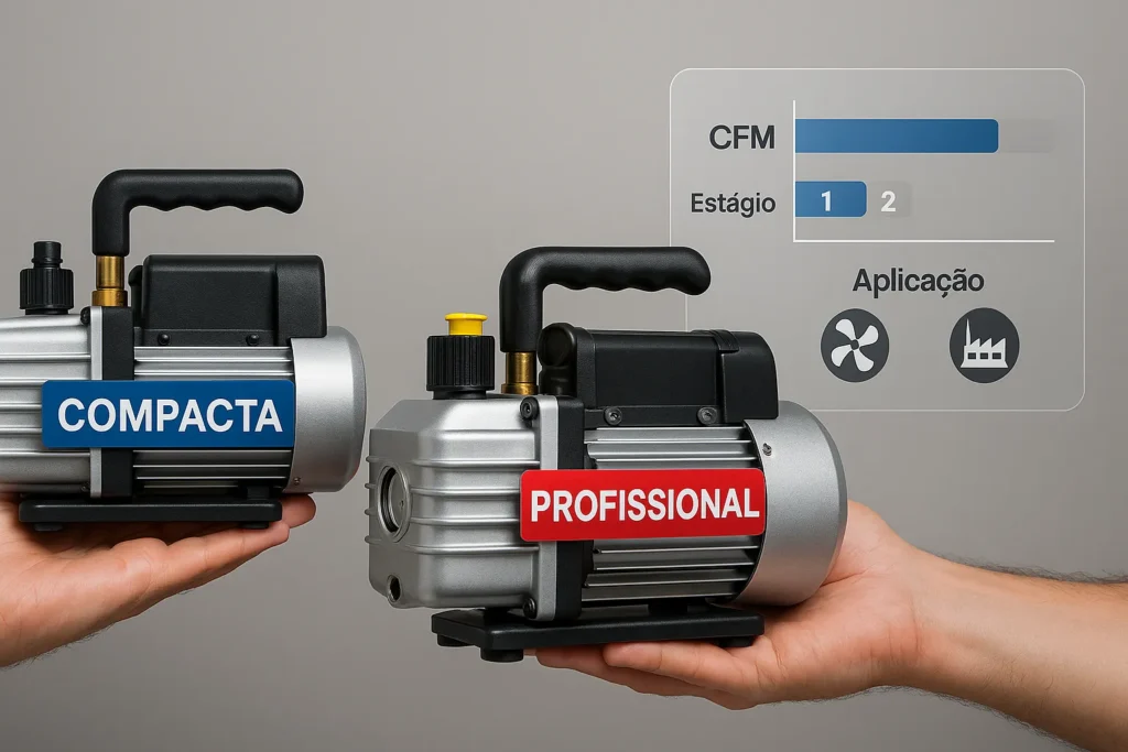 Bomba De Vácuo: 7 Técnicas Profissionais Para Dominar O Uso Em Refrigeração 6 Duas Mãos Exibem Bomba De Vácuo Compacta E Bomba De Vácuo Profissional Lado A Lado Com Gráfico Flutuante Comparando Cfm Estágio E Aplicação