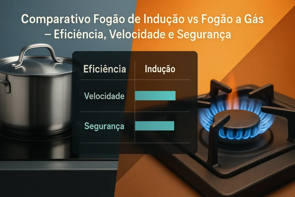 Fogão De Indução: O Guia Completo Sobre Funcionamento, Vantagens E Instalação 6 Infográfico 16 Por 9 Com Divisão Diagonal Em Azul Frio E Laranja Quente Exibindo Fogão De Indução À Esquerda E Fogão A Gás À Direita, Com Tabela Central Transparente Destacando Eficiência, Velocidade E Segurança Superiores Do Modelo De Indução.