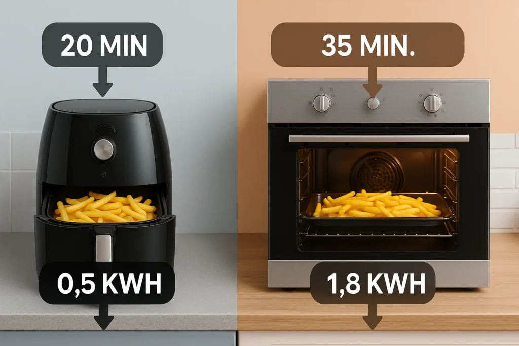 Air Fryer: Guia Completo Com Os 7 Melhores Modelos E 5 Defeitos Mais Comuns 7 Comparação Entre Air Fryer E Forno Convencional Lado A Lado, Ambos Com Bandejas De Batatas Fritas, Mostrando Tempo E Consumo De Energia.