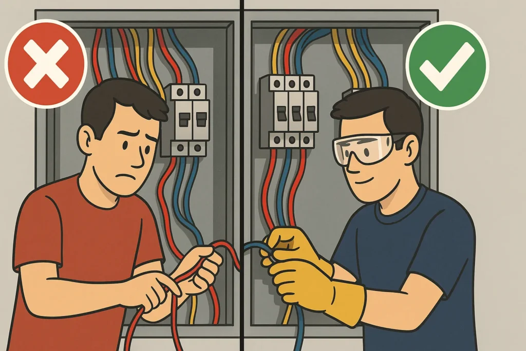 Multímetro: 5 Dicas Essenciais Para Escolher O Modelo Ideal E Como Usar Corretamente 9 Imagem Dividida Mostrando Lado Esquerdo Com Técnico Sem Epi E Conexões Mal Feitas, E Lado Direito Com Técnico Usando Luvas, Óculos E Pontas Bem Fixadas.