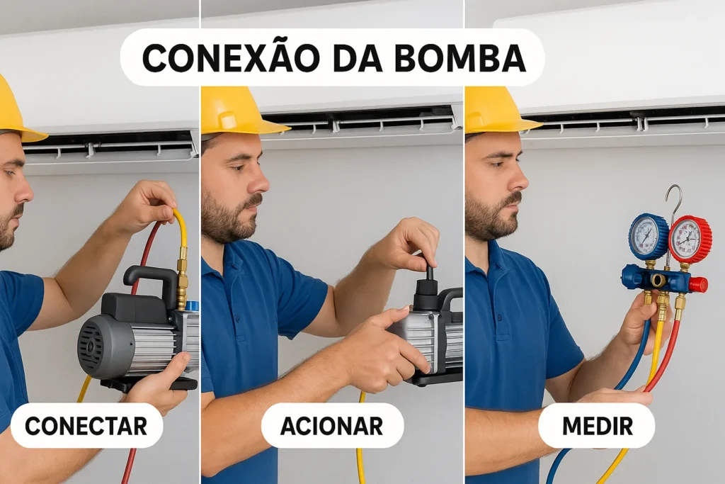 Bomba De Vácuo: 7 Técnicas Profissionais Para Dominar O Uso Em Refrigeração 7 Técnico Demonstrando Em Três Quadros A Conexão Da Bomba De Vácuo, O Acionamento Do Equipamento E A Medição Com Manifold Em Um Ar-Condicionado Split.