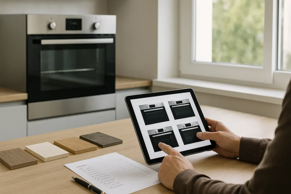 Forno Elétrico De Embutir: Guia Completo Para Escolha, Instalação E Manutenção 6 Pessoa Analisando Catálogo Digital De Fornos Elétricos De Embutir Em Tablet Com Amostras De Acabamento Na Bancada E Forno Instalado Ao Fundo Iluminado Por Luz Natural