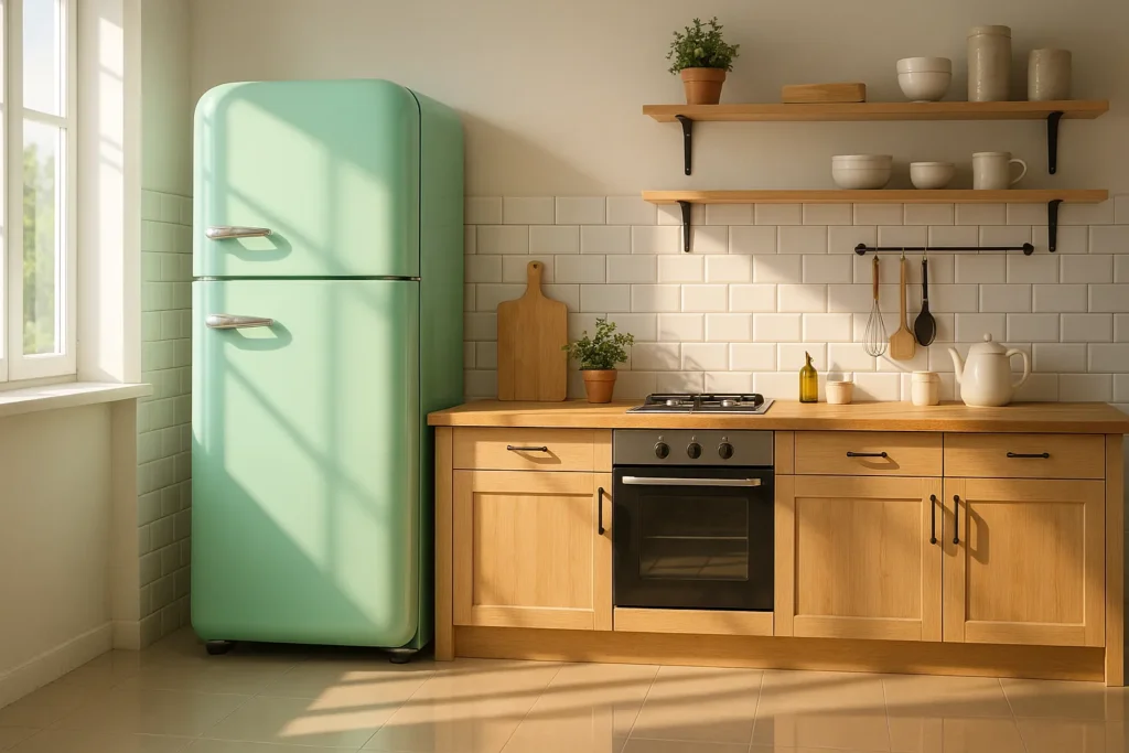 Geladeira Retrô: Guia Completo De Estilo, Eficiência E Como Escolher O Modelo Ideal 1 Interior De Cozinha Iluminada Com Geladeira Retrô Verde Menta Ao Lado De Bancada De Madeira E Azulejos Brancos